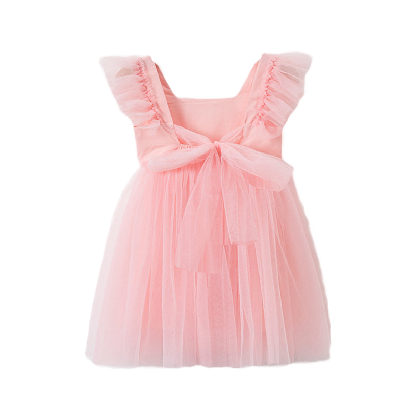 Girls Pink Square Neck Ruffled A-Line Cotton Dress