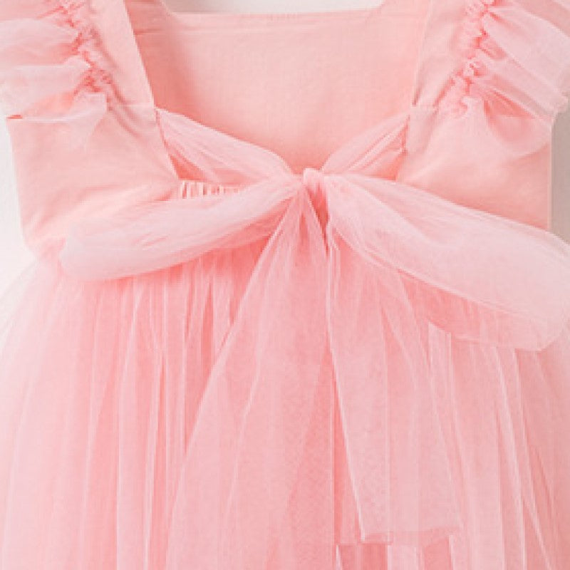 Girls Pink Square Neck Ruffled A-Line Cotton Dress
