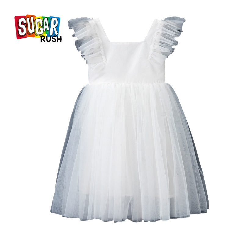 Girls White Square Neck Flutter Sleeves Gathered Cotton Fit & Flare Dress