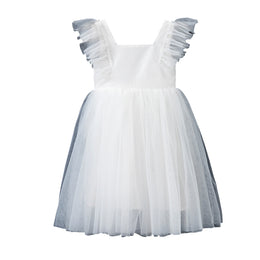 Girls White Square Neck Flutter Sleeves Gathered Cotton Fit & Flare Dress