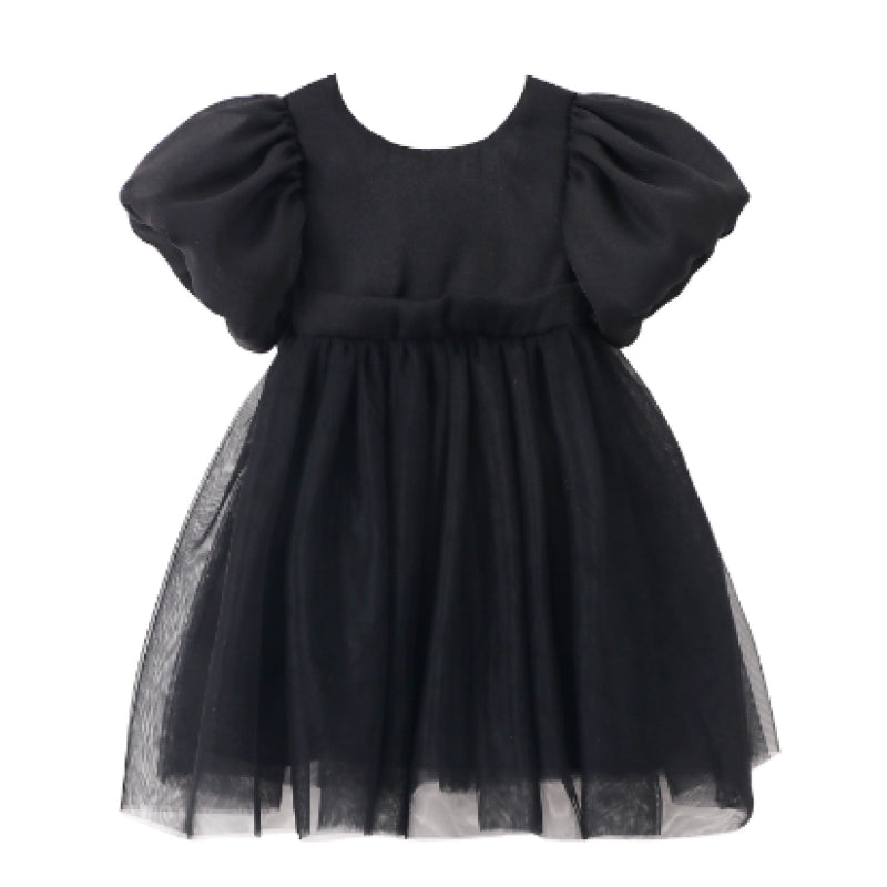 Girls Black Round Neck Puff Sleeve Fit & Flare Dress