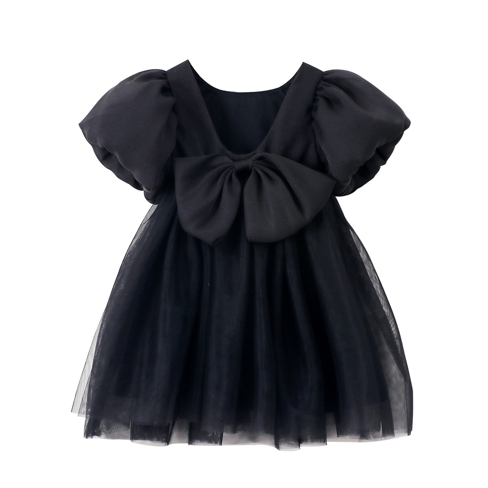 Girls Black Round Neck Puff Sleeve Fit & Flare Dress