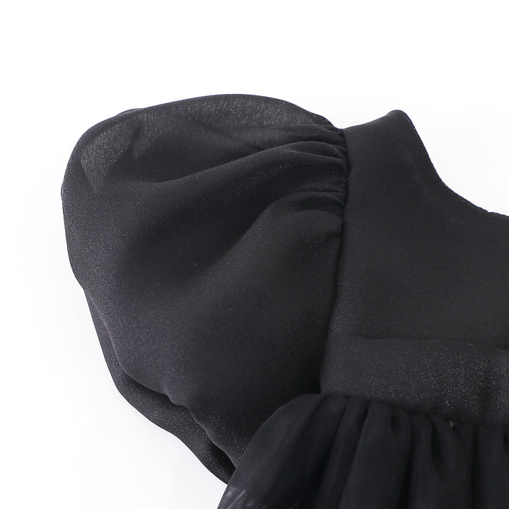 Girls Black Round Neck Puff Sleeve Fit & Flare Dress