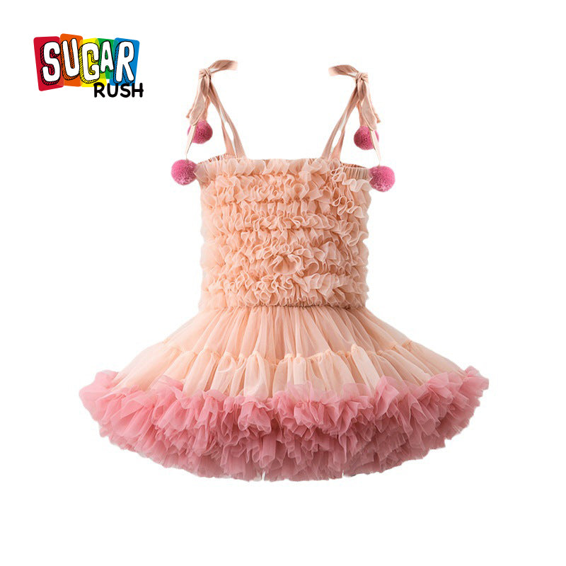 Pink Girls Self Design Ruffled Tulle Fit & Flare Dress