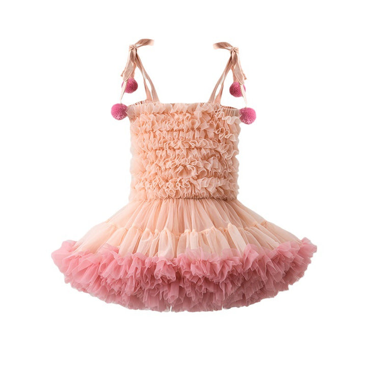 Pink Girls Self Design Ruffled Tulle Fit & Flare Dress