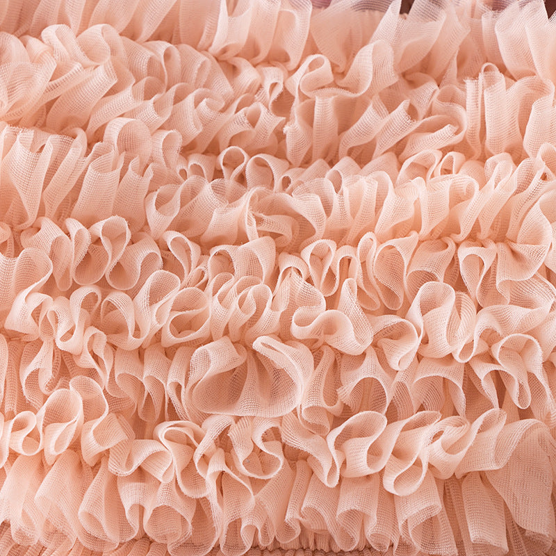 Pink Girls Self Design Ruffled Tulle Fit & Flare Dress