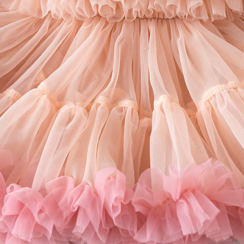 Pink Girls Self Design Ruffled Tulle Fit & Flare Dress