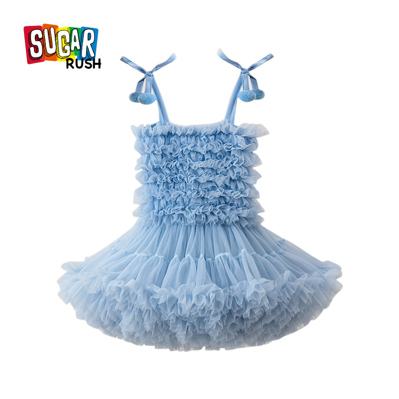 Girls Self Design Shoulder Straps Ruffled Cotton Fit & Flare Dress