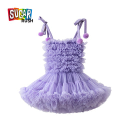 Girls Purple Shoulder Straps Ruffled Tulle Fit & Flare Dress