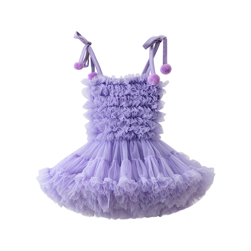 Girls Purple Shoulder Straps Ruffled Tulle Fit & Flare Dress