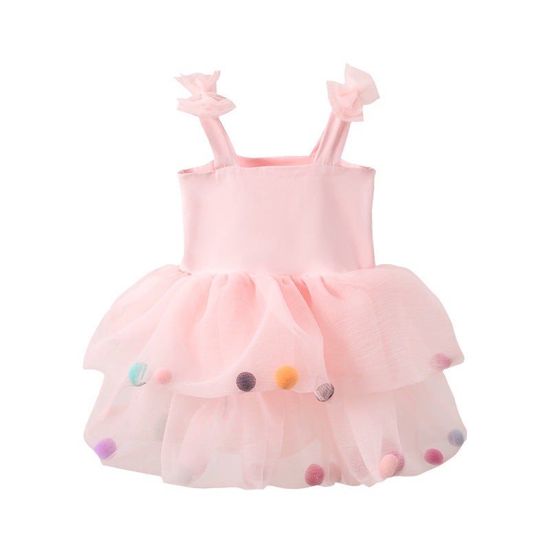 Girls Pink Shoulder Straps Bow Fit and Flare Dress