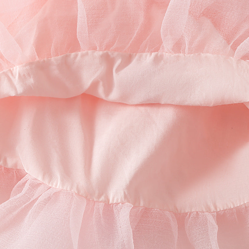 Girls Pink Shoulder Straps Bow Fit and Flare Dress
