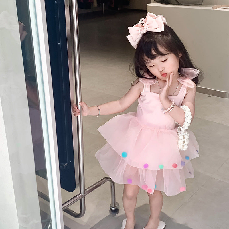 Girls Pink Shoulder Straps Bow Fit and Flare Dress