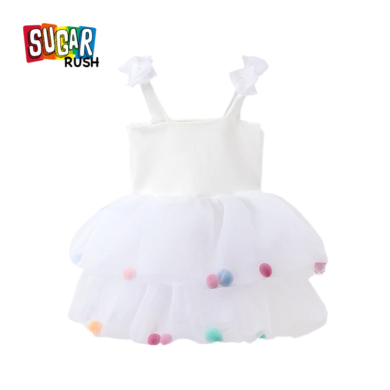 Girls White Shoulder Straps Fit & Flare Cotton Dress