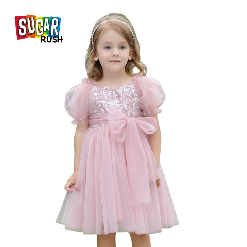 Girls Embellished Puff Sleeve Applique Fit & Flare Dress