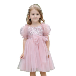 Girls Embellished Puff Sleeve Applique Fit & Flare Dress