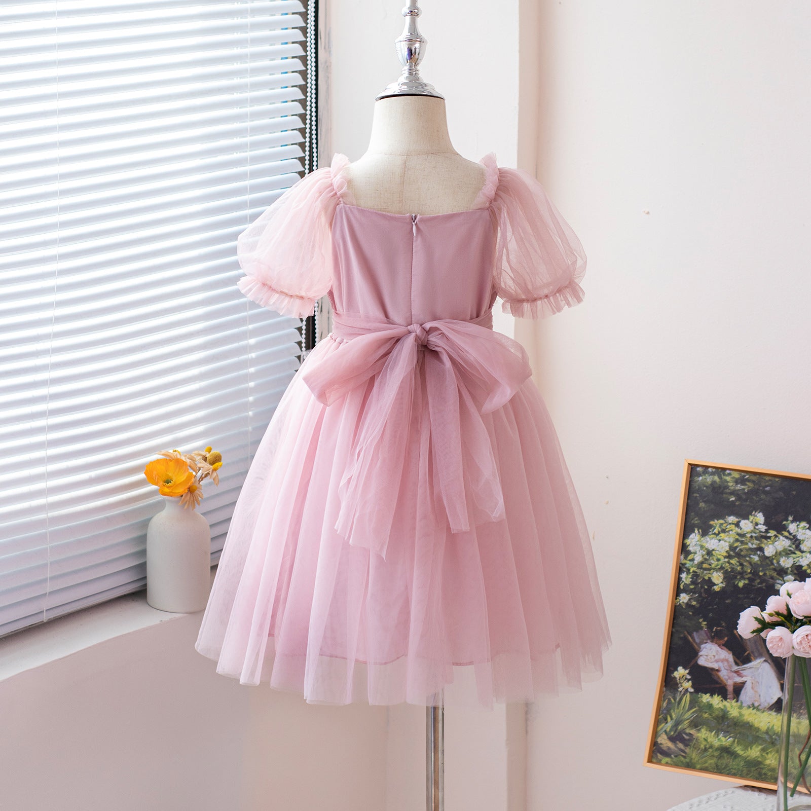 Girls Embellished Puff Sleeve Applique Fit & Flare Dress