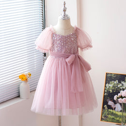Girls Embellished Puff Sleeve Applique Fit & Flare Dress