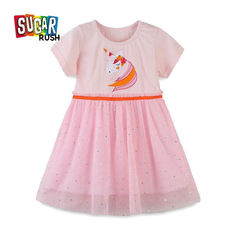 Girls Pink Graphic Printed Cotton Fit & Flare Dress