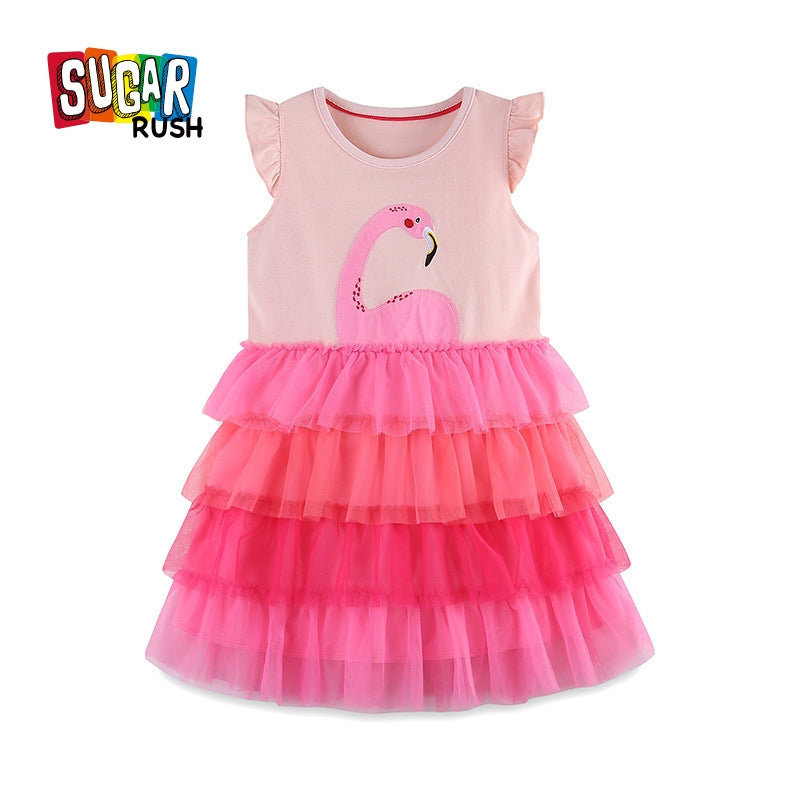 Girls Pink Graphic Printed Layered Cotton Fit & Flare Dress