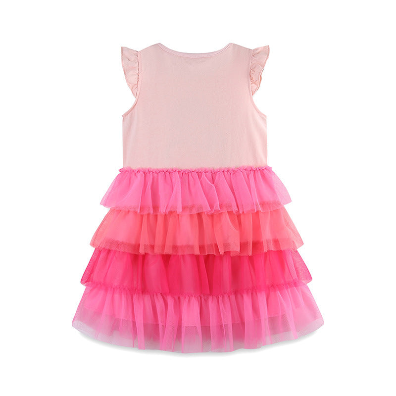 Girls Pink Graphic Printed Layered Cotton Fit & Flare Dress
