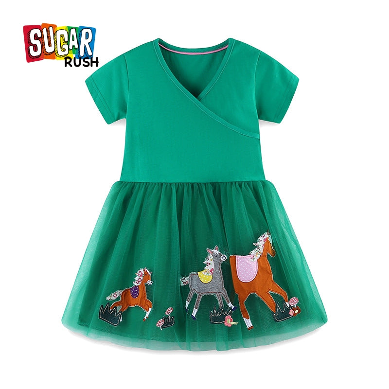 Girls Green V-Neck Fit & Flare Cotton Dress
