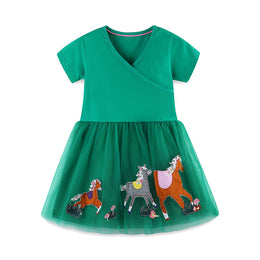 Girls Green V-Neck Fit & Flare Cotton Dress