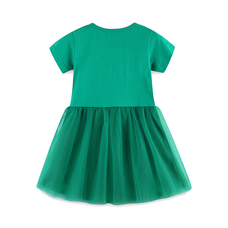 Girls Green V-Neck Fit & Flare Cotton Dress