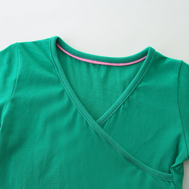 Girls Green V-Neck Fit & Flare Cotton Dress