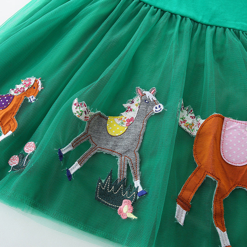 Girls Green V-Neck Fit & Flare Cotton Dress
