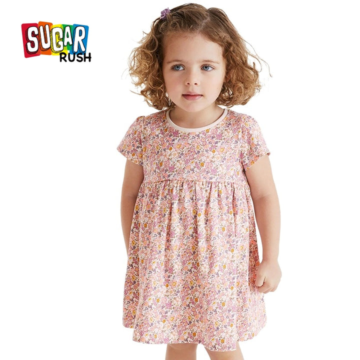 Girls Pink Floral Printed Cotton Fit & Flare Dress