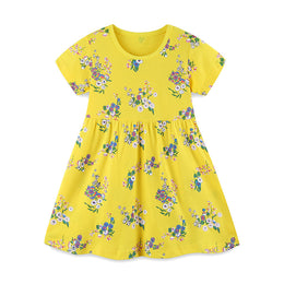 Girls Yellow Floral Printed Cotton Fit & Flare Dress