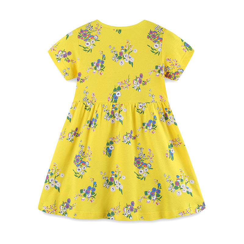 Girls Yellow Floral Printed Cotton Fit & Flare Dress