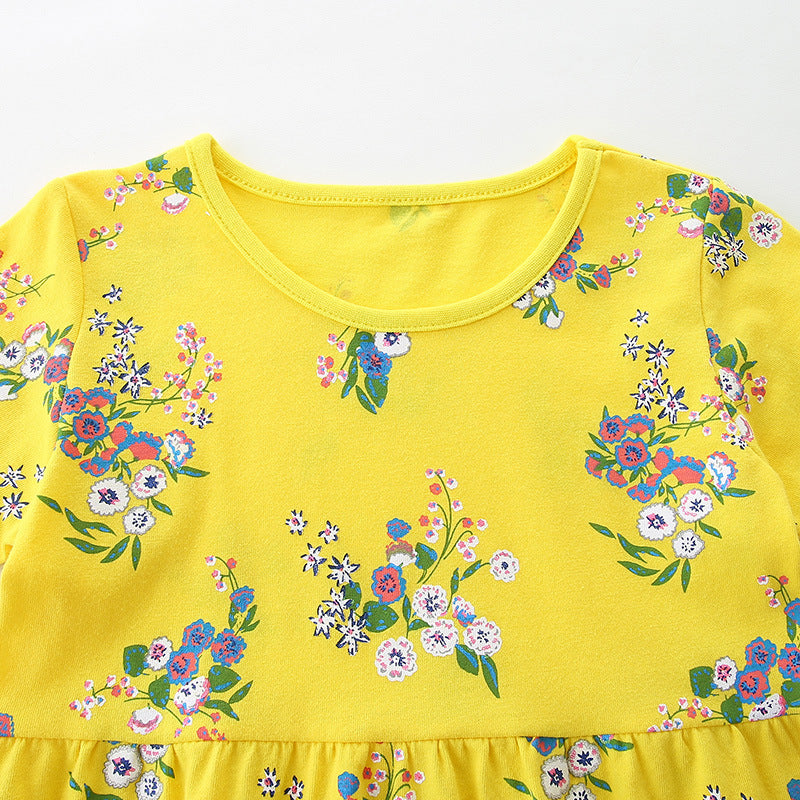 Girls Yellow Floral Printed Cotton Fit & Flare Dress