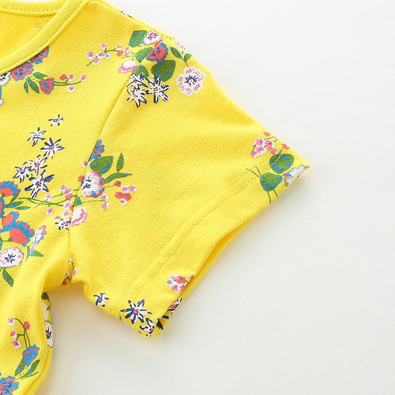Girls Yellow Floral Printed Cotton Fit & Flare Dress