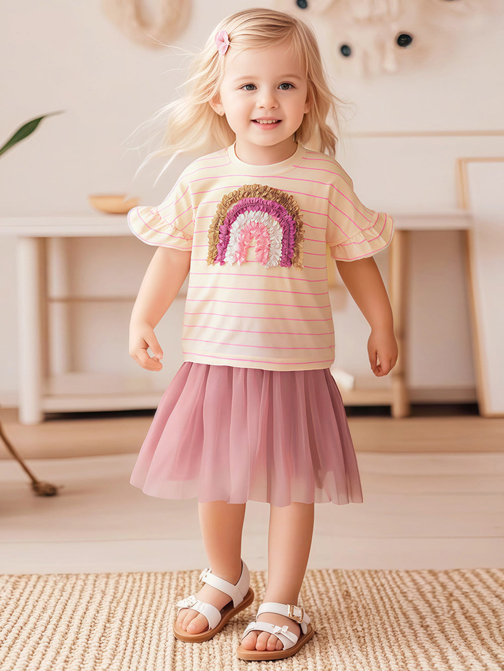 Girls Printed Round Neck T-shirt WIth Skirt