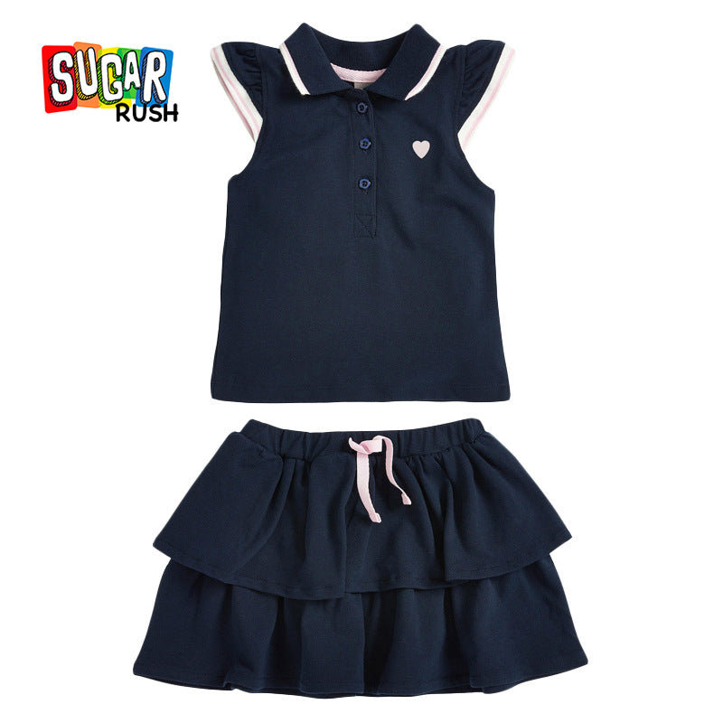 Girls Navy Blue Polo Collar Cap Sleeve Pure Cotton Top with Layered Skirt