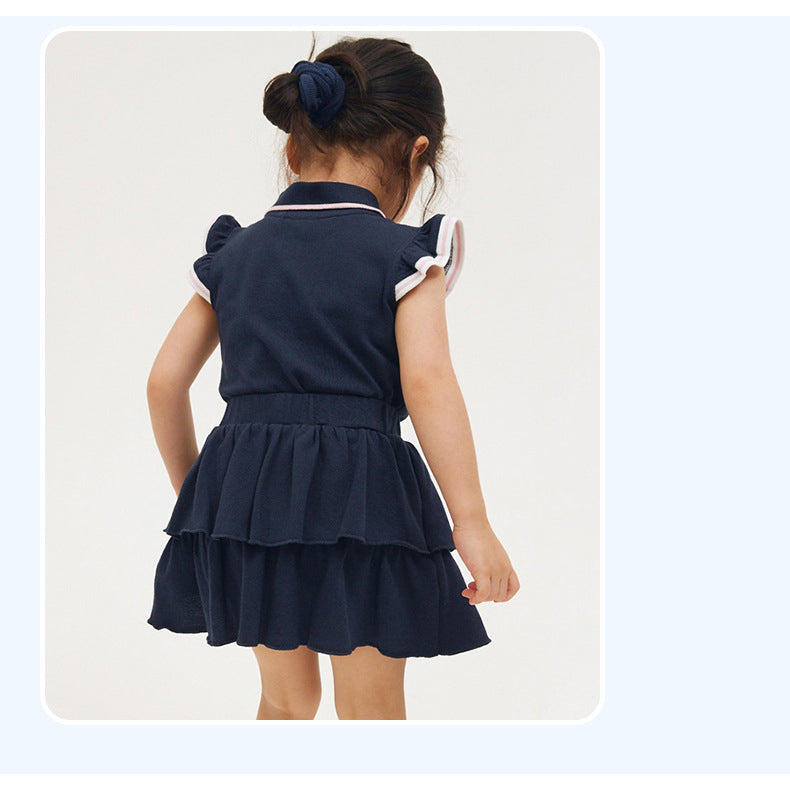 Girls Navy Blue Polo Collar Cap Sleeve Pure Cotton Top with Layered Skirt