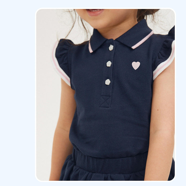 Girls Navy Blue Polo Collar Cap Sleeve Pure Cotton Top with Layered Skirt