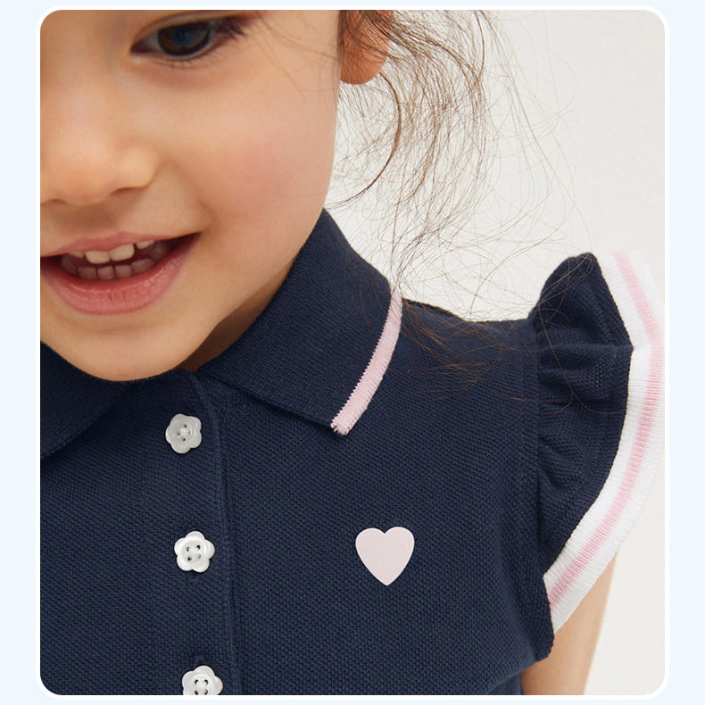 Girls Navy Blue Polo Collar Cap Sleeve Pure Cotton Top with Layered Skirt