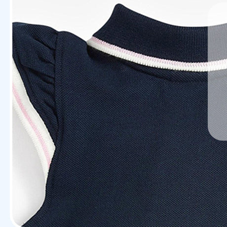 Girls Navy Blue Polo Collar Cap Sleeve Pure Cotton Top with Layered Skirt