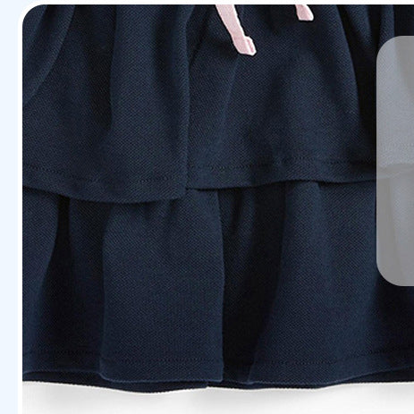 Girls Navy Blue Polo Collar Cap Sleeve Pure Cotton Top with Layered Skirt