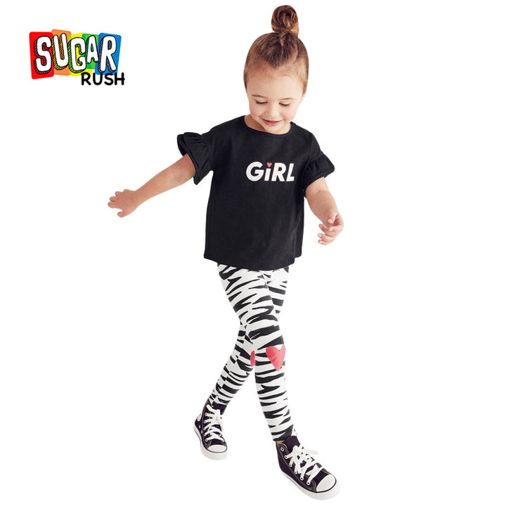 Girls Black Printed Pure Cotton Top With Leggings