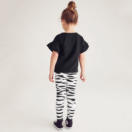 Girls Black Printed Pure Cotton Top With Leggings