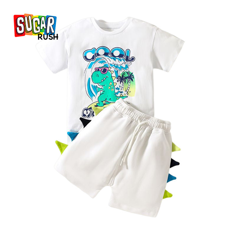 Boys White & Blue Printed Pure Cotton Top with Shorts