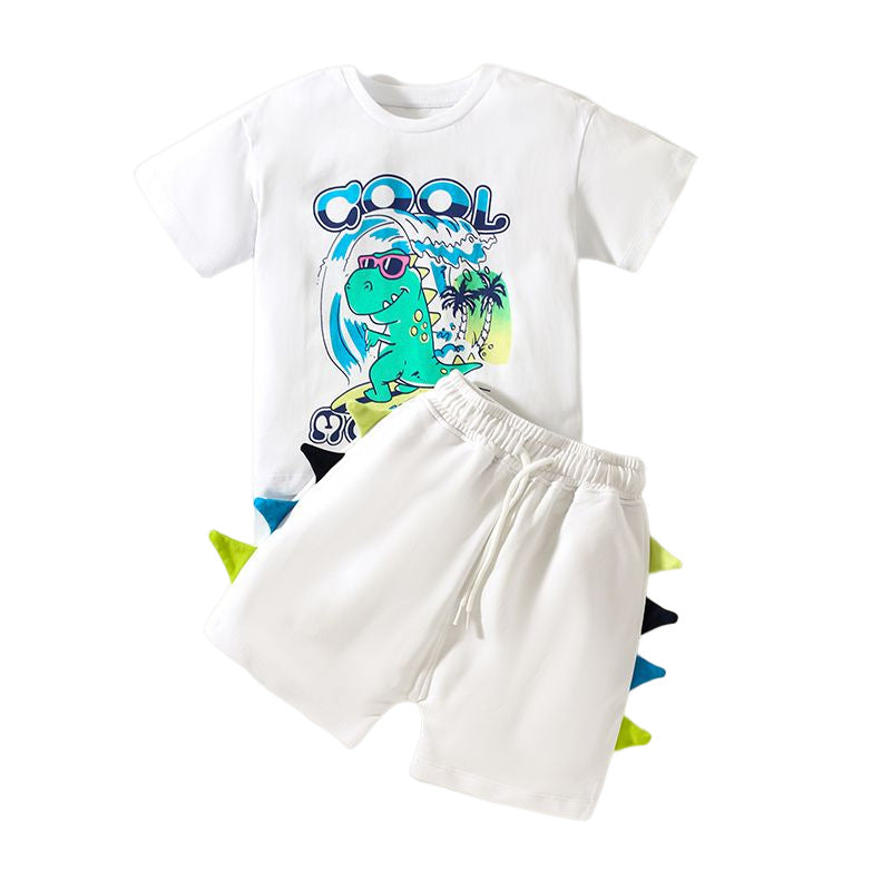 Boys White & Blue Printed Pure Cotton Top with Shorts