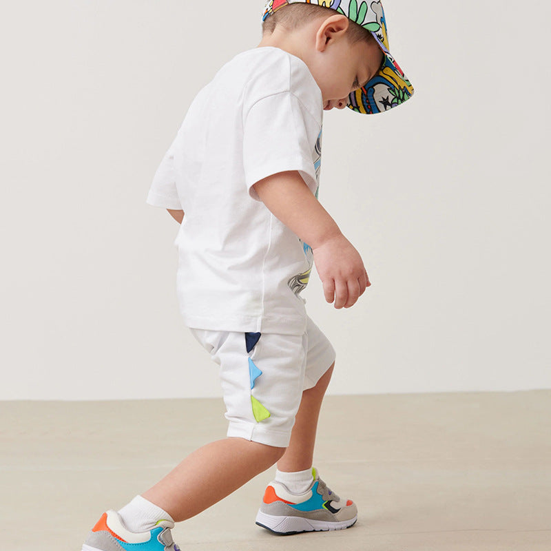 Boys White & Blue Printed Pure Cotton Top with Shorts