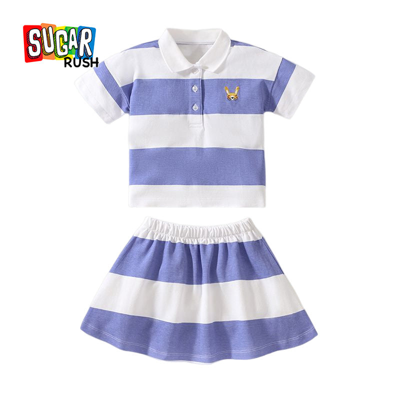 Girls Blue Striped Polo Collar Pure Cotton Top with Skirt