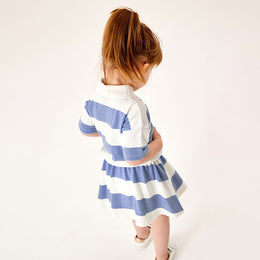 Girls Blue Striped Polo Collar Pure Cotton Top with Skirt