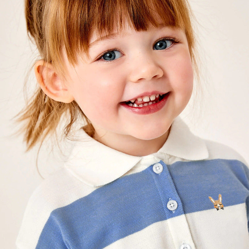 Girls Blue Striped Polo Collar Pure Cotton Top with Skirt